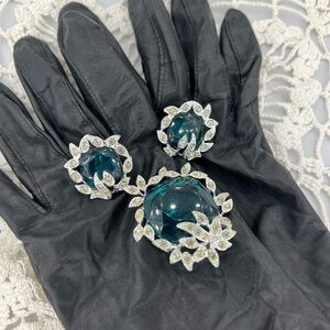 Vintage Sarah Coventry Holiday Ice Blue Green and Silver Brooch and Earrings Set